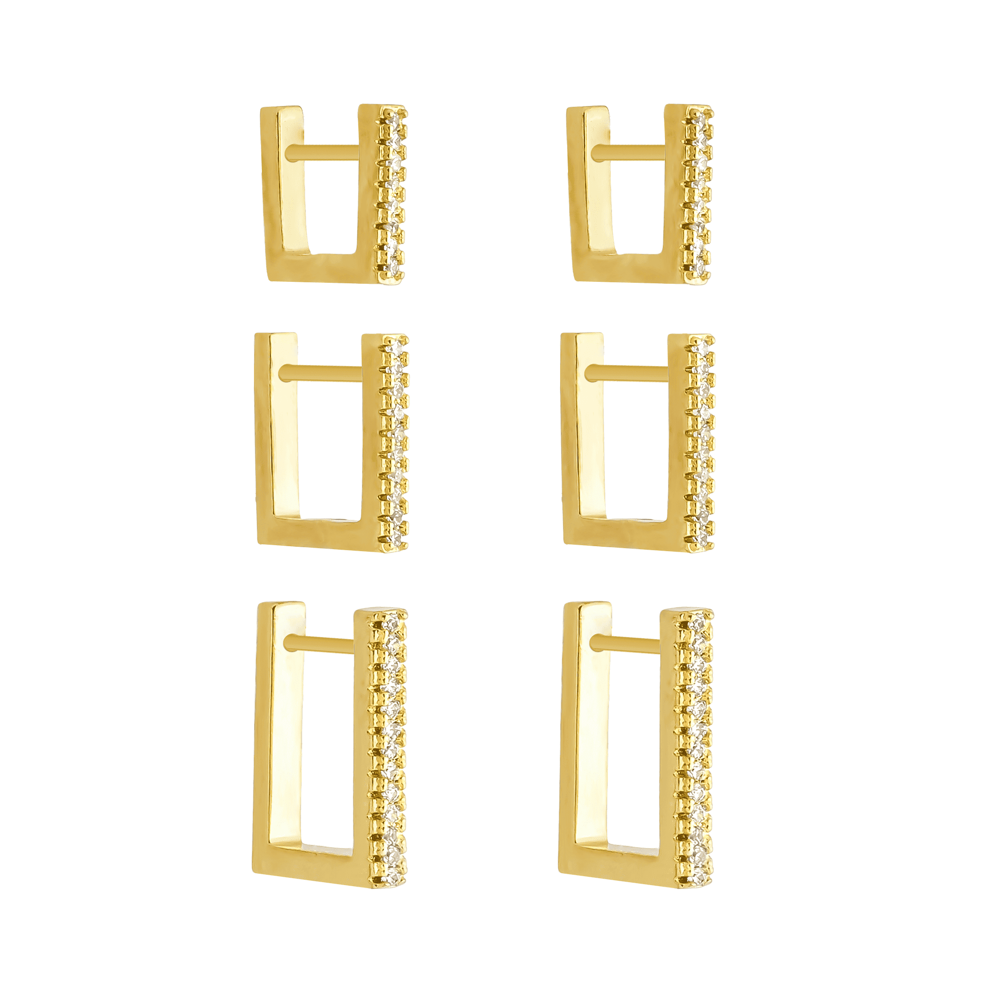 Trio Dourado de Argolinhas Quadradas Cravejadas de Zircônias - Banho de Ouro 24k para revenda | Hub Joias