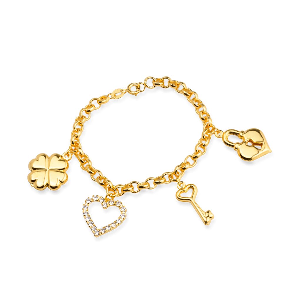 Pulseira Dourada Elo Português com Coração, Cadeado, Trevo e Chave - Banho de Ouro 24k para revenda | Hub Joias