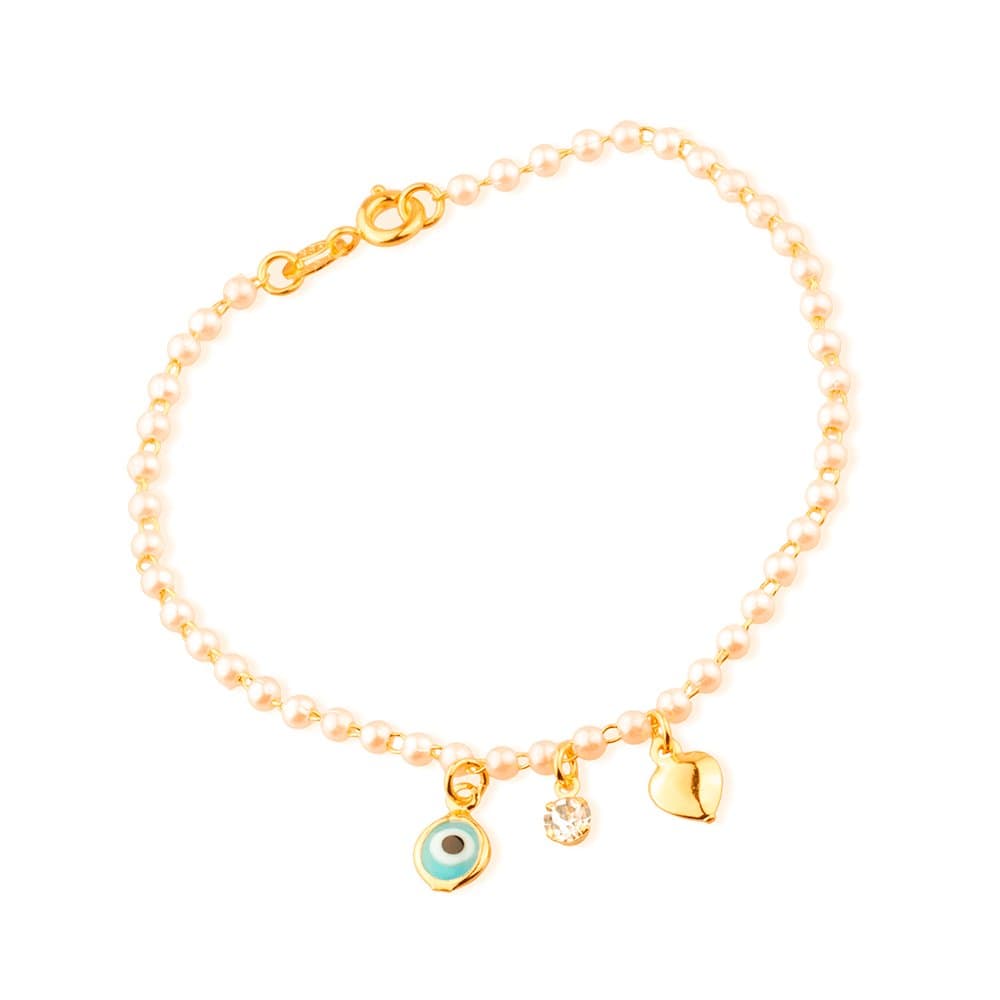 Pulseira Dourada de Pérolas com Olho Grego Coração e Ponto de Luz - Banho de Ouro 24k para revenda | Hub Joias