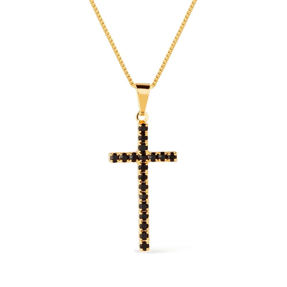 Colar Dourado de Cruz Cravejado de Pedra Natural Negra - Banho de Ouro 24k para revenda | Hub Joias