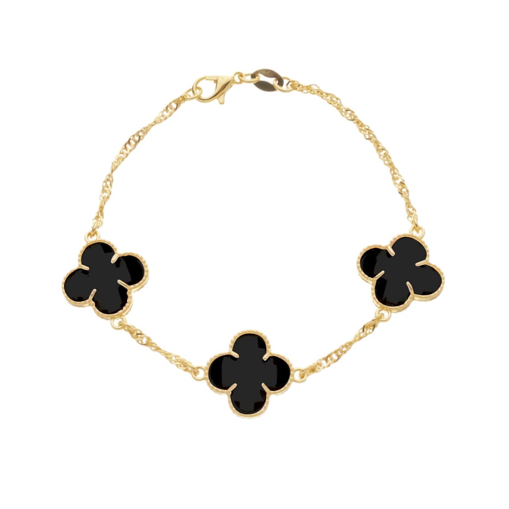 Pulseira Dourada Trevos Zircônia Preta - Banho de Ouro 24k para revenda | Hub Joias