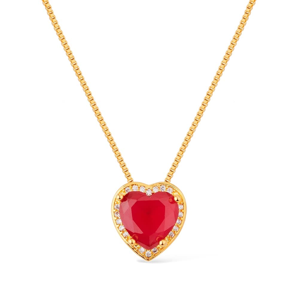 Colar Dourado de Pedra Natural Vermelha Coração Cravejado de Zircônia - Banho de Ouro 24k para revenda | Hub Joias
