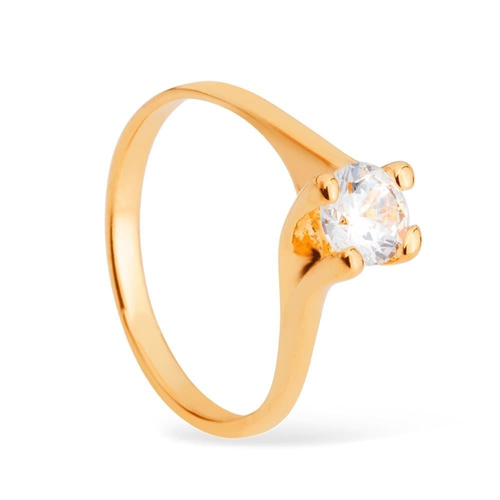 Anel Dourado Solitário com Pedra de Zircônia Pequena - Banho de Ouro 24k para revenda | Hub Joias