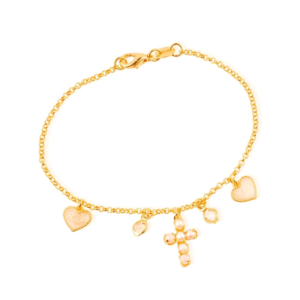 Pulseira Dourada Religiosa Cruz de Pérolas Coração Madrepérola Ponto de Luz - Banho de Ouro 24k para revenda | Hub Joias