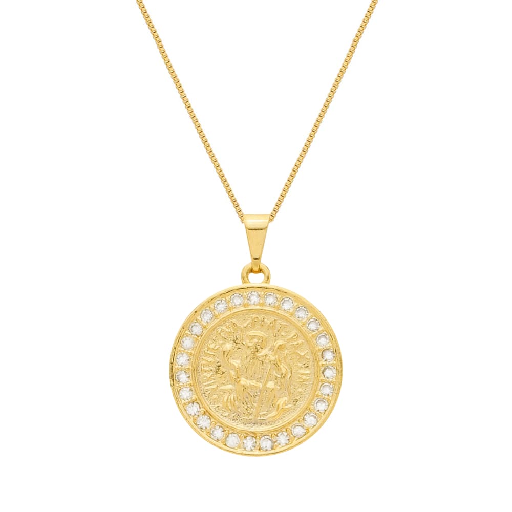 Colar Dourado Medalha São Miguel Arcanjo Cravejado de Zircônia - Banho de Ouro 24k para revenda | Hub Joias