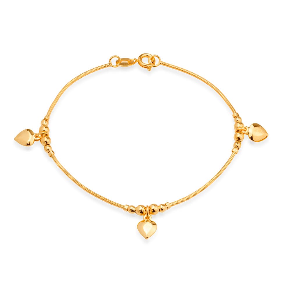 Pulseira Dourada Lisa com 3 Pingentes de Coração - Banho de Ouro 24k para revenda | Hub Joias
