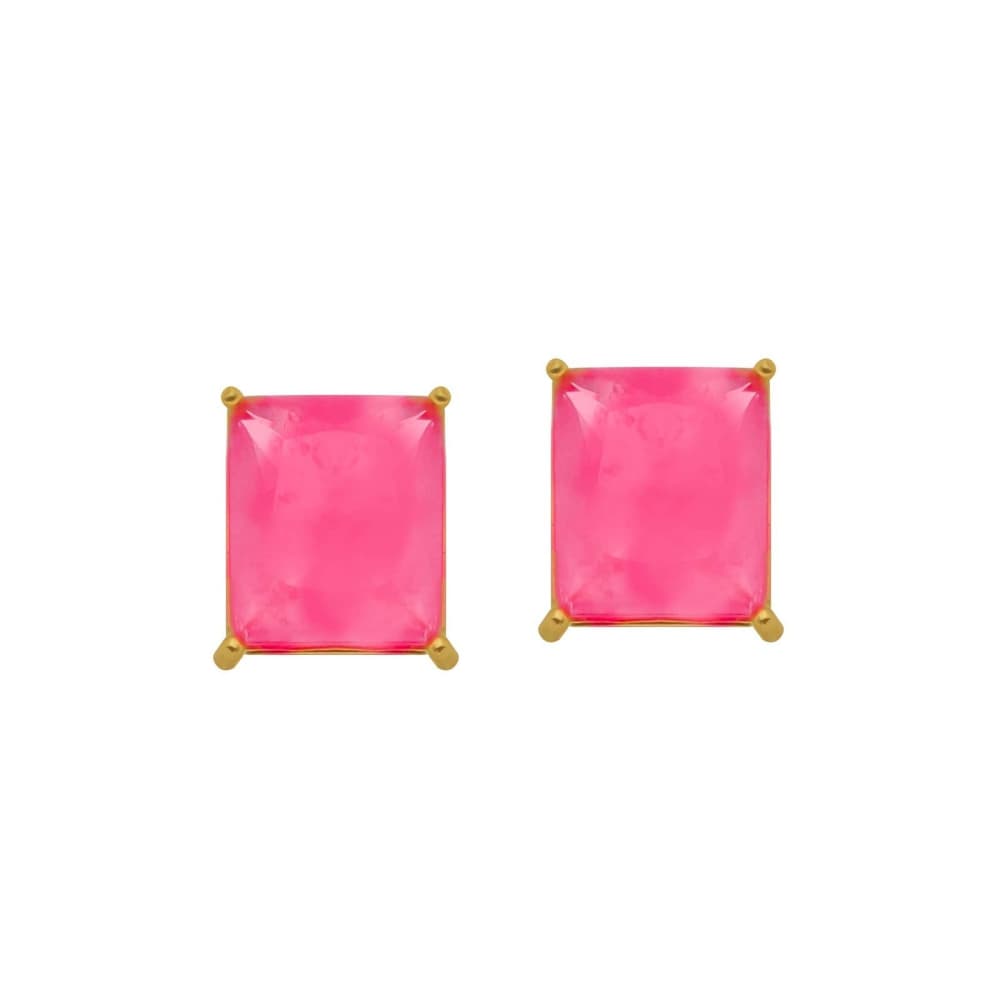 Brinco Dourado de Pedra Retangular Rosa - Banho de Ouro 24k para revenda | Hub Joias
