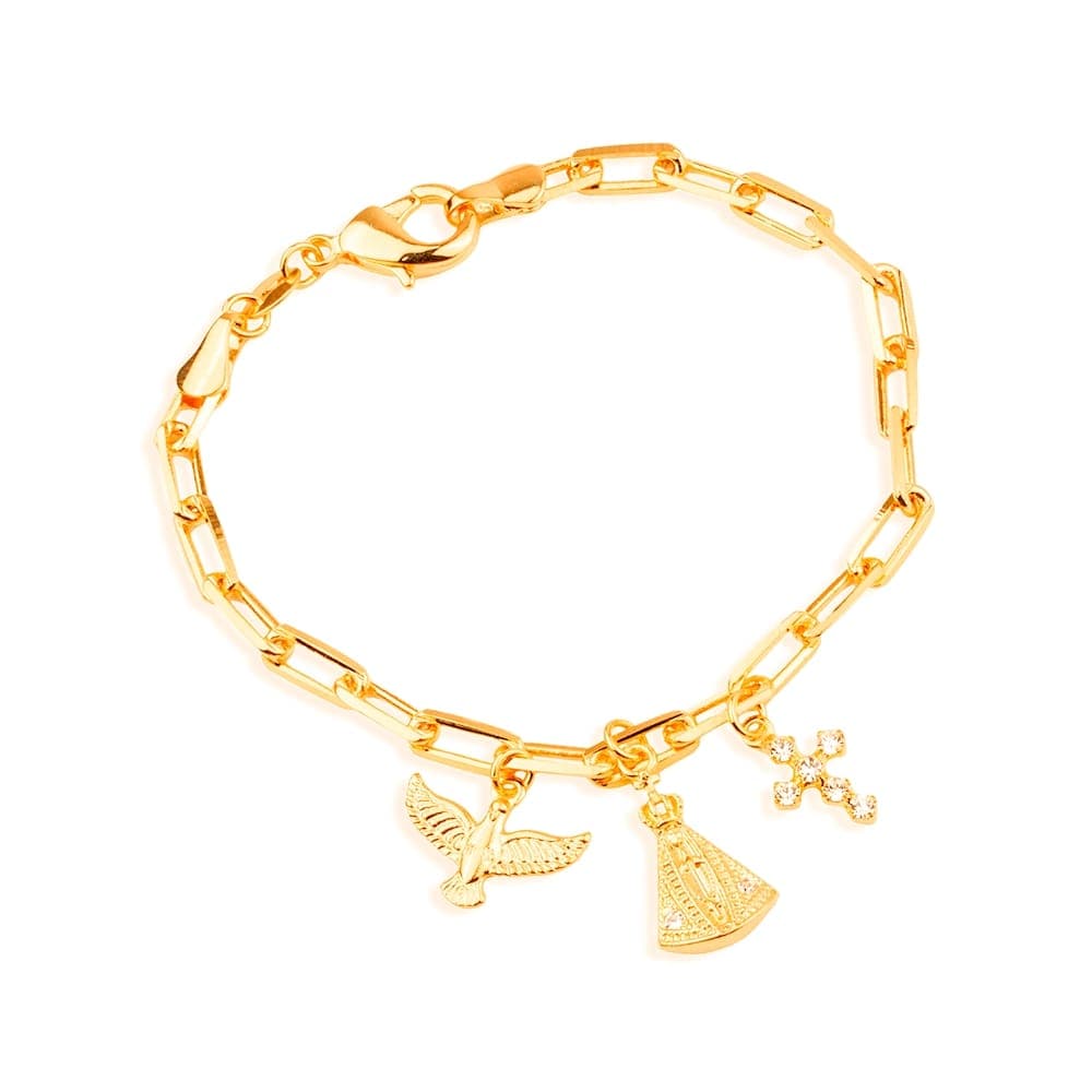 Pulseira Dourada Religiosa Nossa Senhora, Espírito Santo e Cruz Cravejada de Zircônia - Banho de Ouro 24k para revenda | Hub Joias