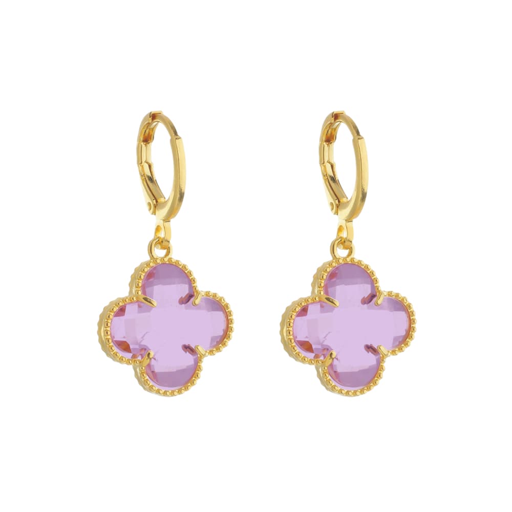 Brinco Dourado de Trevo com Zircônia Rosa - Banho de Ouro 24k para revenda | Hub Joias