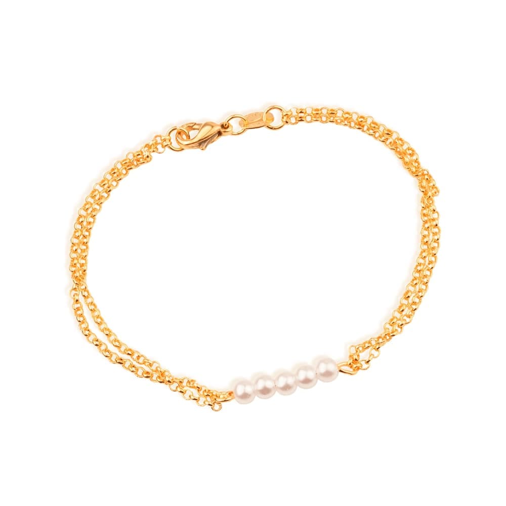 Pulseira Dourada Dupla Elo Português com Pérolas - Banho de Ouro 24k para revenda | Hub Joias